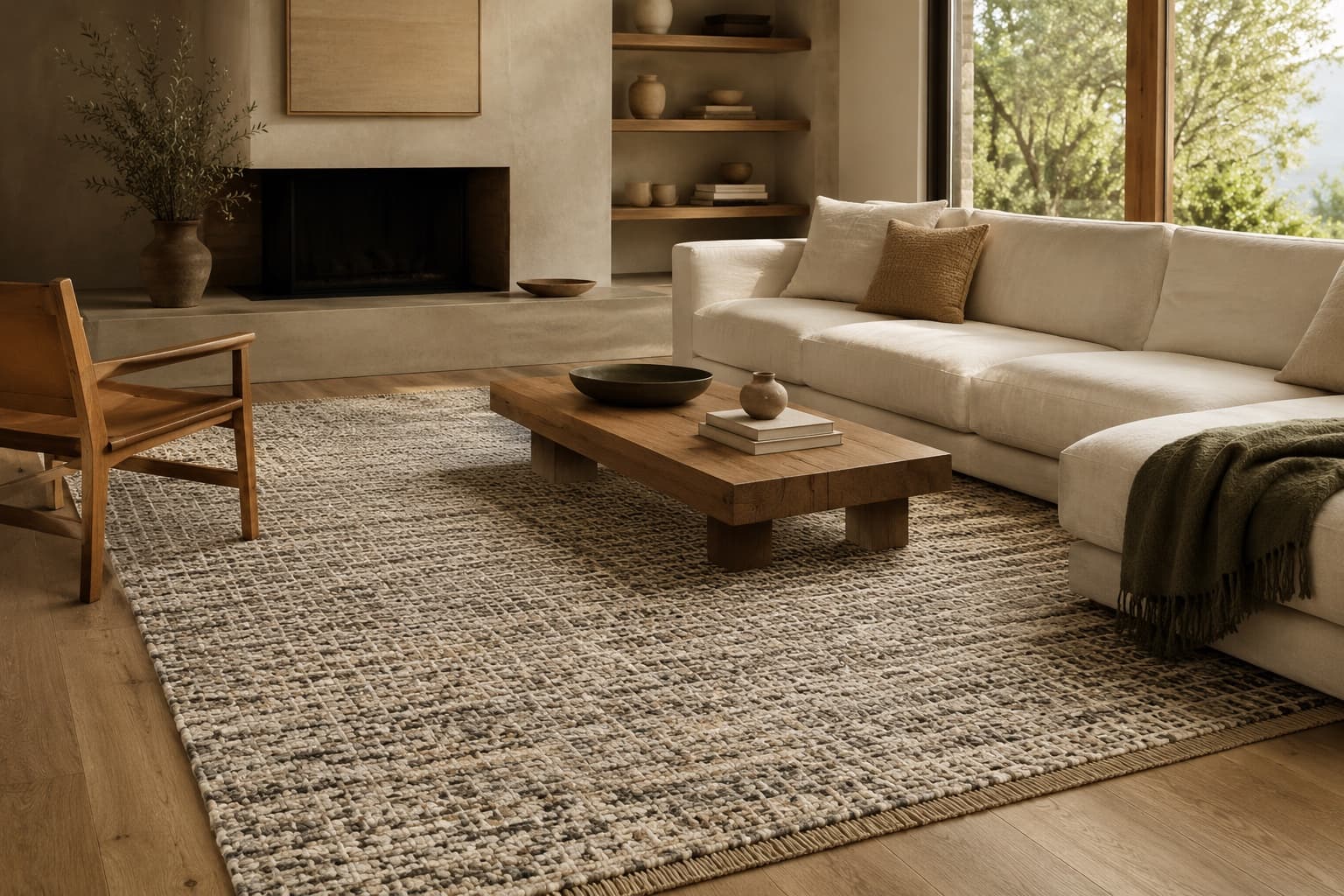 A large handwoven oatmeal and charcoal rug anchoring a modern living room with a linen sofa and warm oak floor