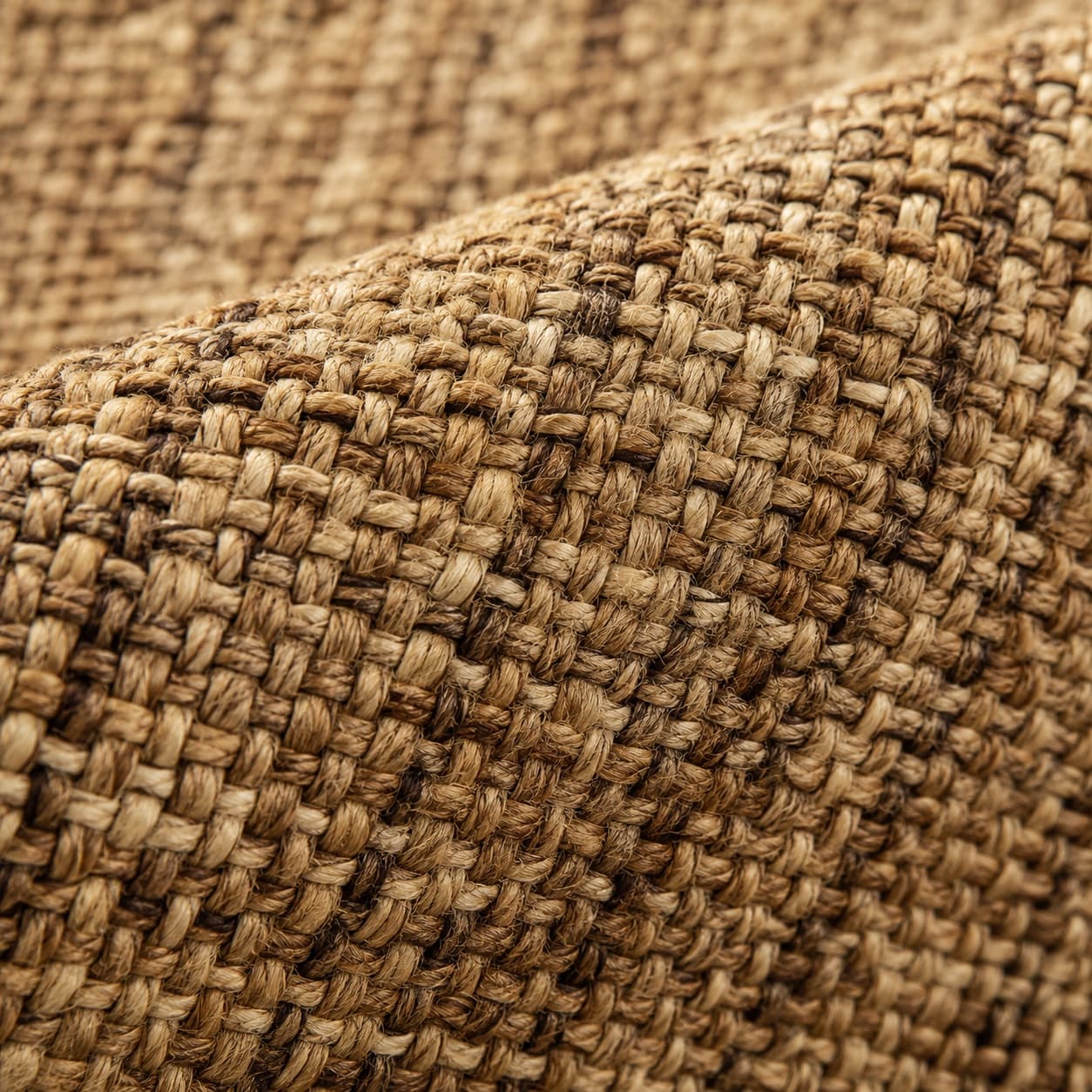 Macro photograph of jute and cotton flatweave showing irregular plant fibres in a tight crossing weave