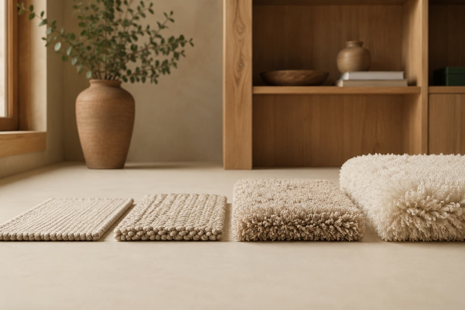 Side-on studio comparison of four rug cross-sections ranging from flatweave to plush shag