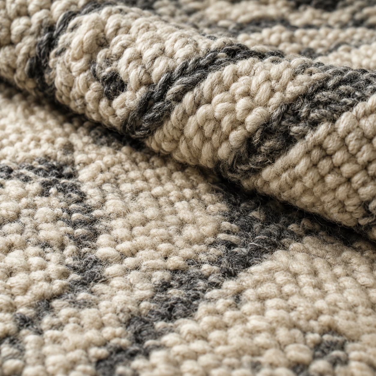 Macro photograph of handwoven wool-blend rug fibres in oatmeal and charcoal showing individual yarn variation