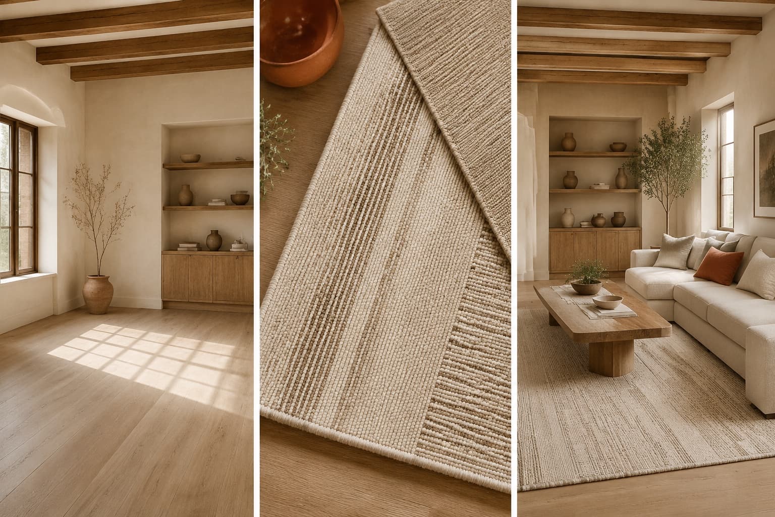 Three-frame sequence showing an empty room, a selected rug swatch, and the finished room with the rug laid in place