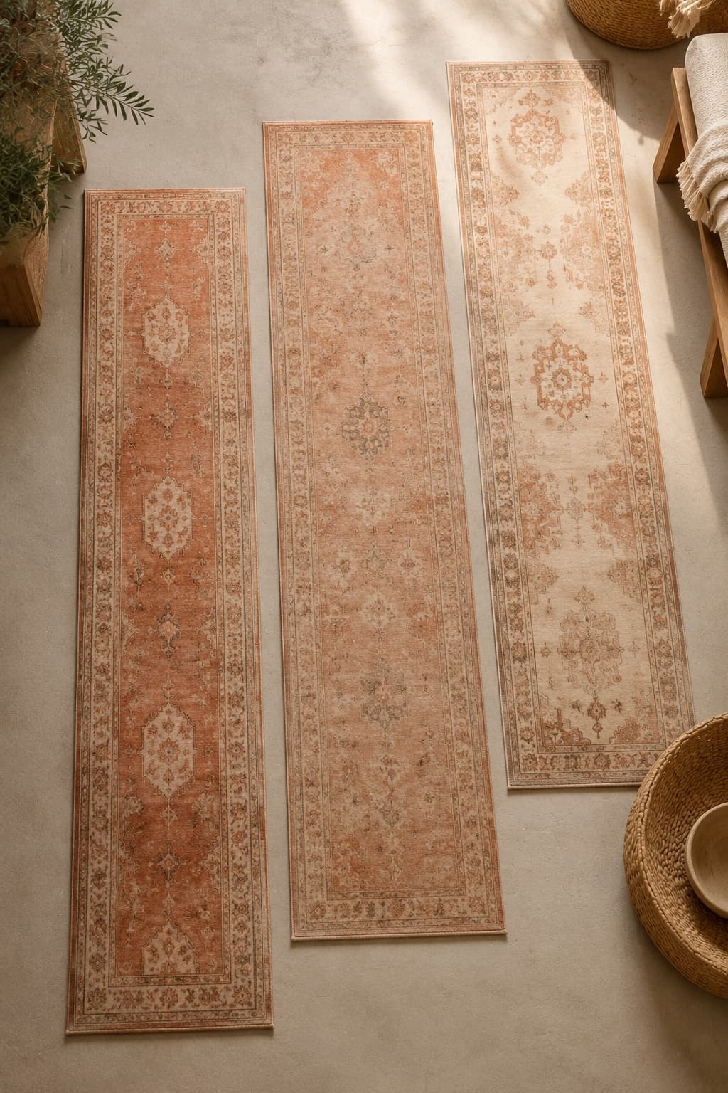 Atlas Runner Trio — three 2.5×8 ft runners in a coordinated tonal family, styled in a passage setting