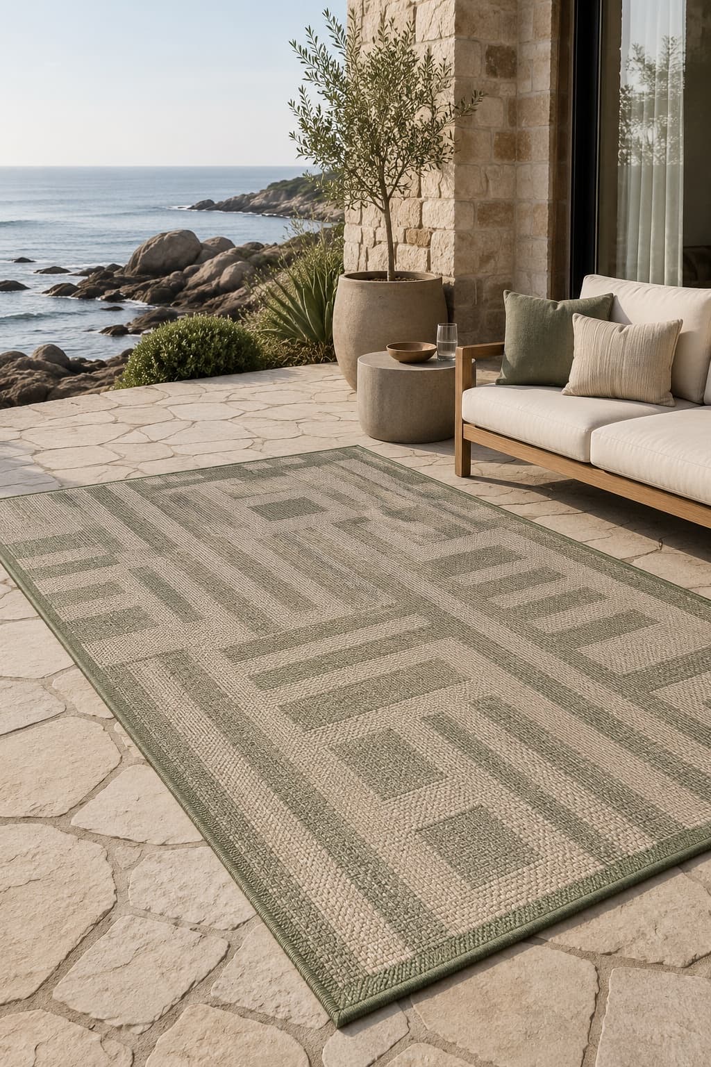Coastline Outdoor Set — uv-stable outdoor rug 6×9 ft + outdoor grip pad, styled in a terrace setting