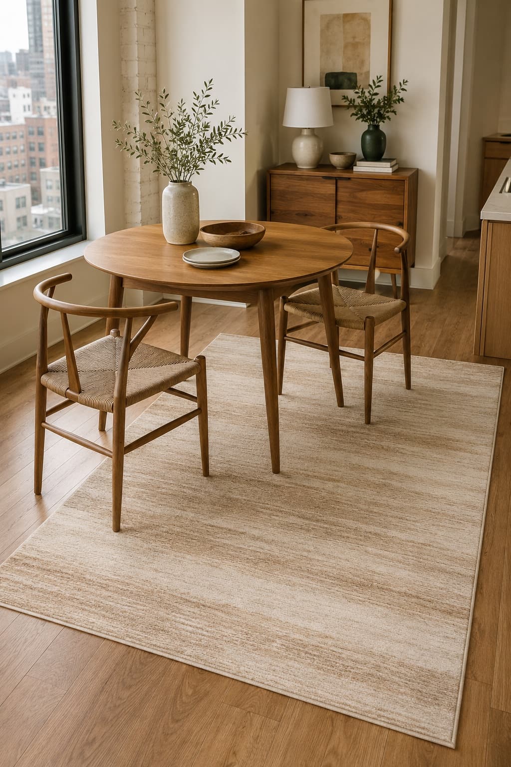 Dune Washable Rug Set — machine-washable low-pile rug 5×8 ft + spill-resistant underlay, styled in a everyday setting