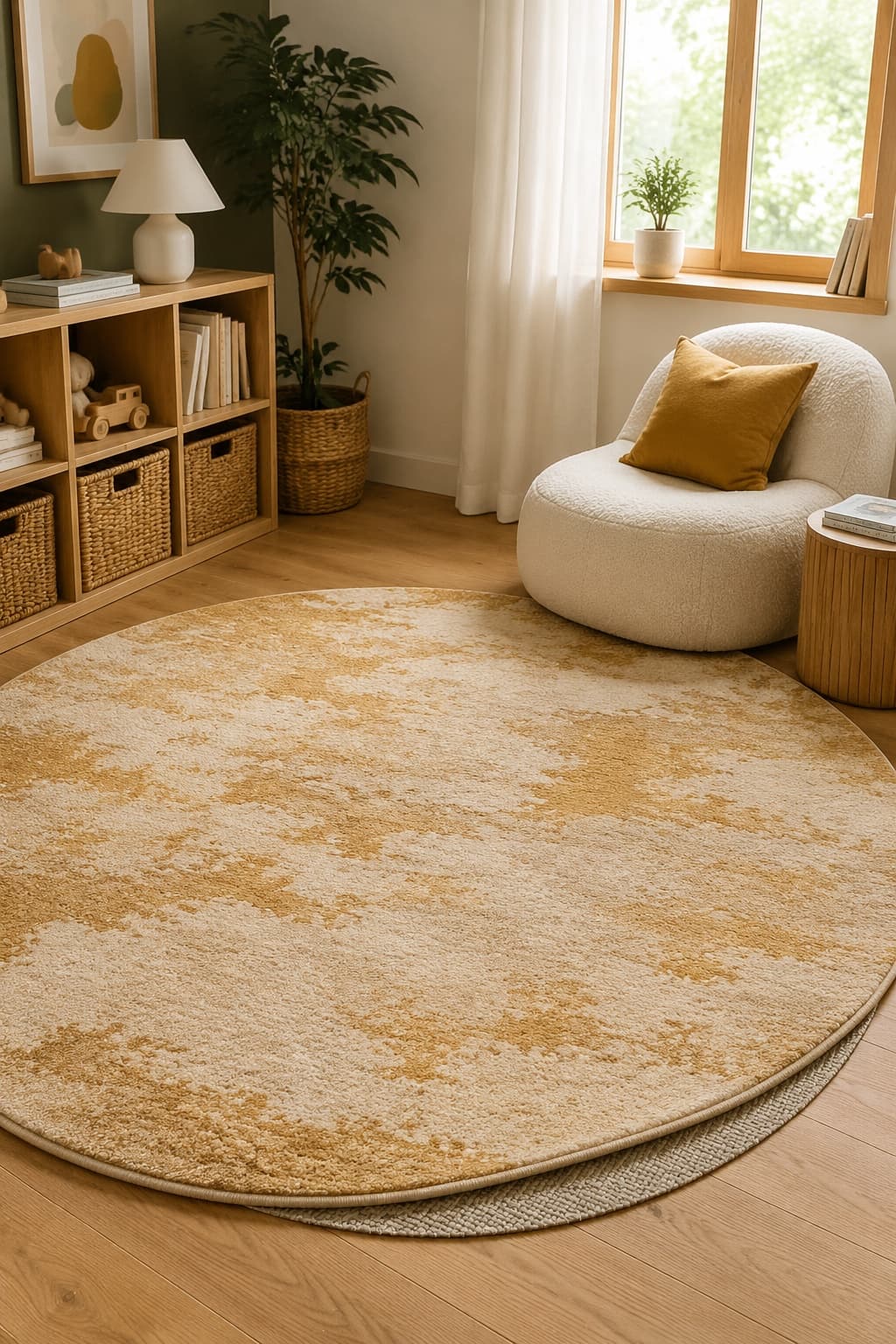 Kids Washable Round Set — 5 ft round machine-washable rug + round rug pad, styled in a kids setting