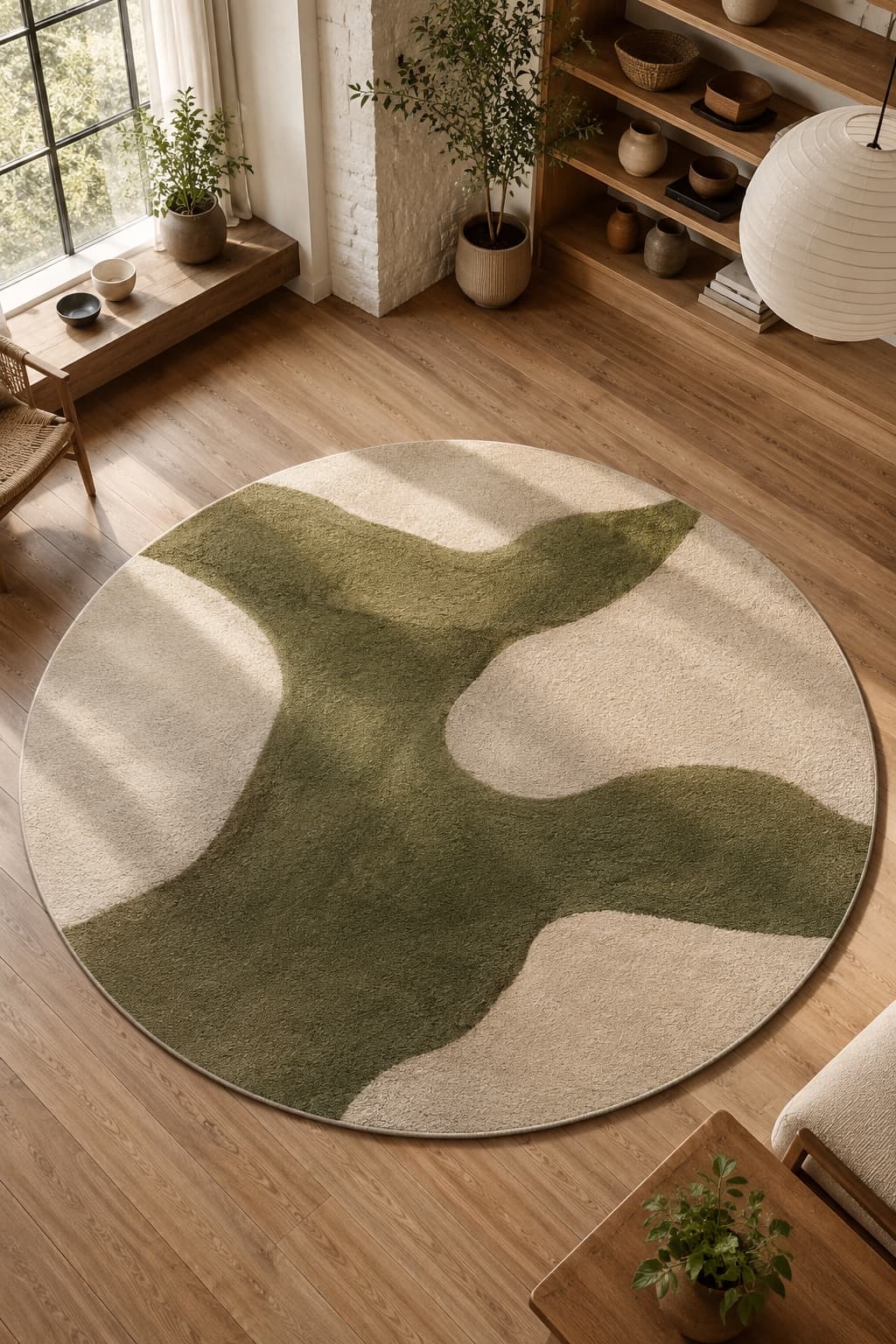 Loft Round Rug Set — wool-blend round rug 7 ft diameter + round grip pad, styled in a open plan setting