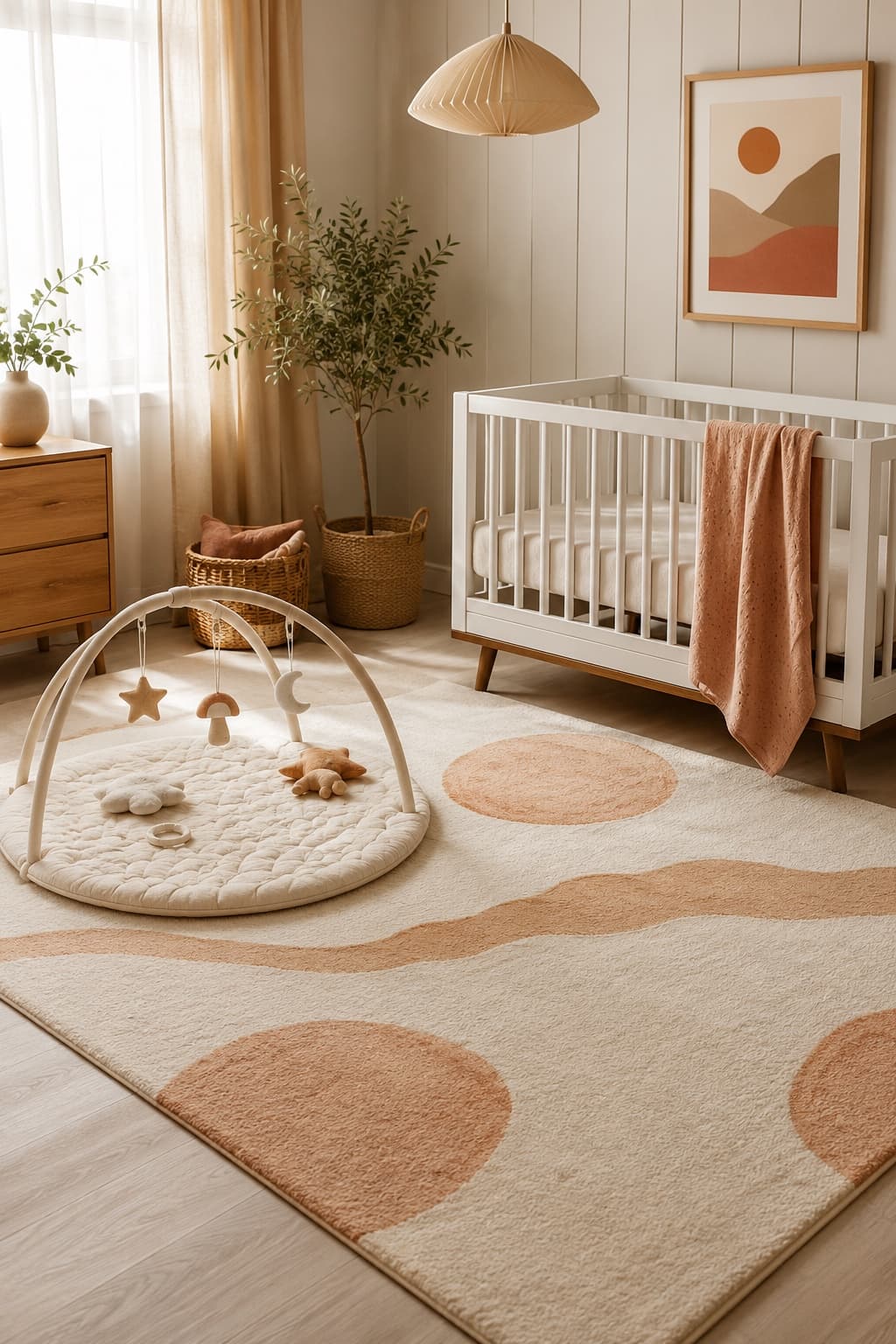 Nursery Soft Set — machine-washable 5×7 ft rug + crawl play mat + underlay, styled in a nursery setting