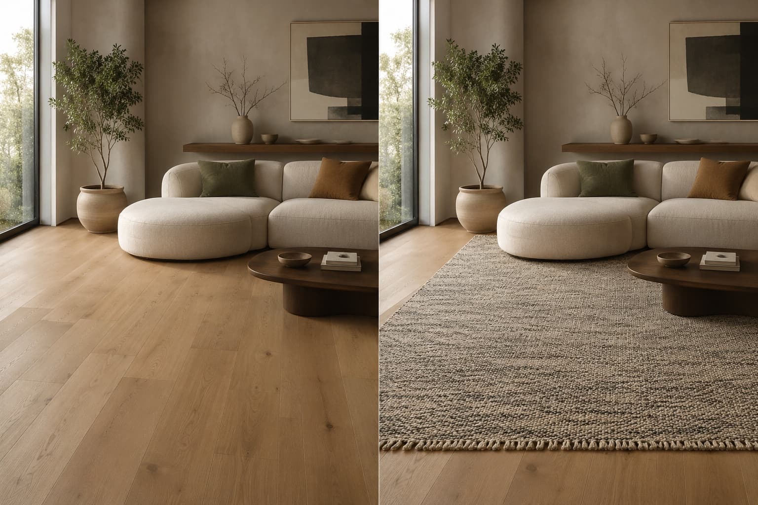 The same living room photographed with a bare oak floor and then with a woven oatmeal rug laid in place