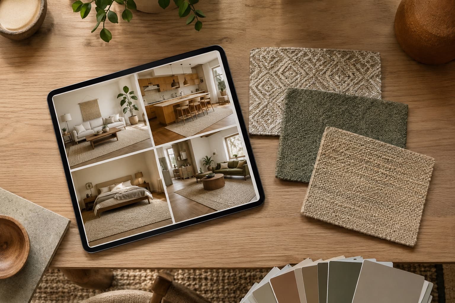 Four room thumbnails arranged beside three rug swatches like a material selector