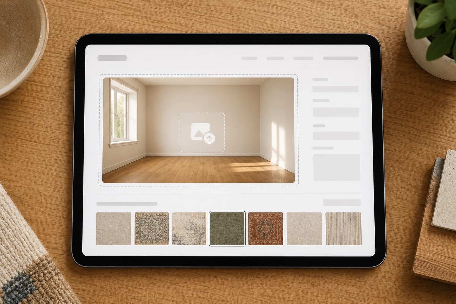 A laptop showing a room-photo upload canvas with small rug thumbnails alongside